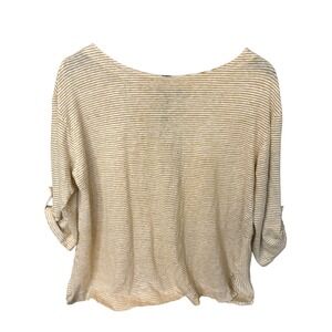 Adrienne Vittadini Womens 1X Linen Striped Roll Tab Sleeve Button Back Top